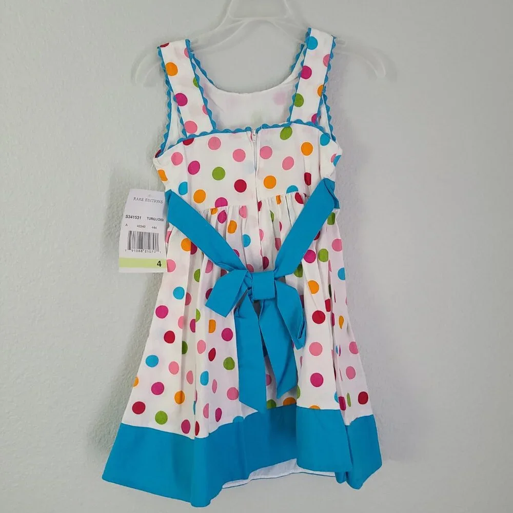 Rare Editions NWT Girls white and blue Polka Dot Sleeveless Dress – Size 4